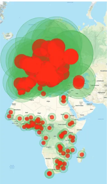 Figure 2 Retinoblastoma centre catchment area in Africa and Europe. The red circles represent the mean patient travel distance and green circles, the travel distance SD