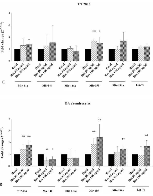 Figure 3. Expression levels of miR-34a, miR-140, miR-155, miR-181a, and miR-let7e by real-time PCR in  the  T/C-28a2  cell  line  (A,C)  and  in  human  OA  chondrocytes  (B,D)