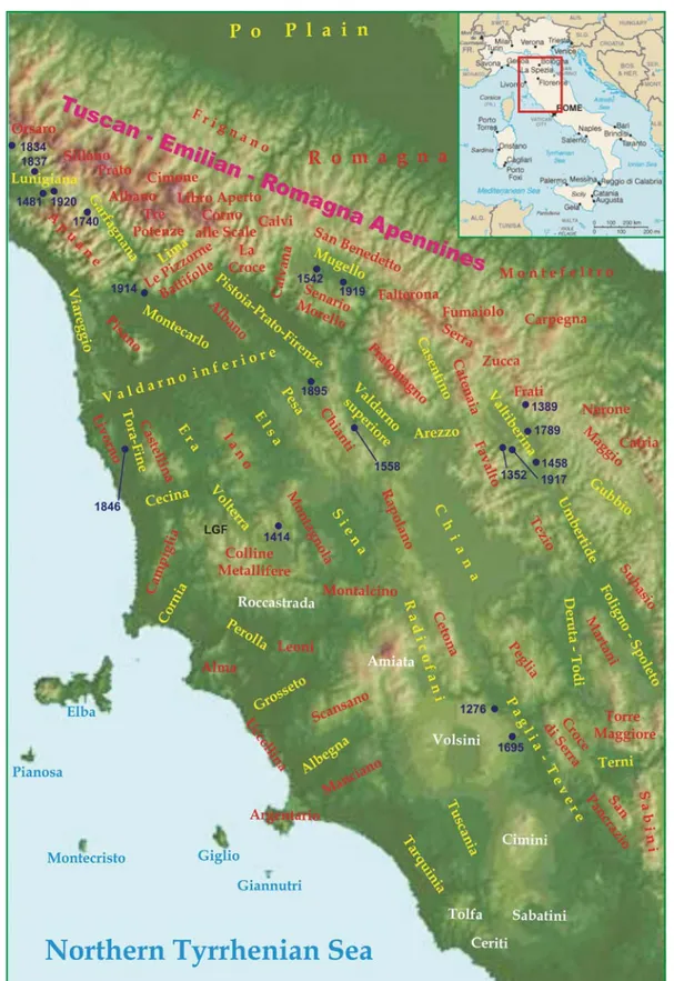 Figure 1.  Morphology of the study area (Tuscany and surroundings). Red labels identify the high relief mountain ridges