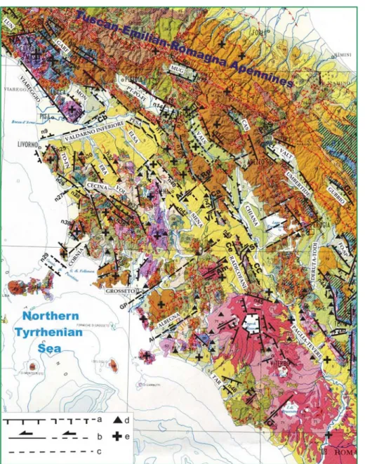 Figure  2.  Main normal faults that would have controlled the development of the ridge-and-depression system of Tuscany and  surroundings