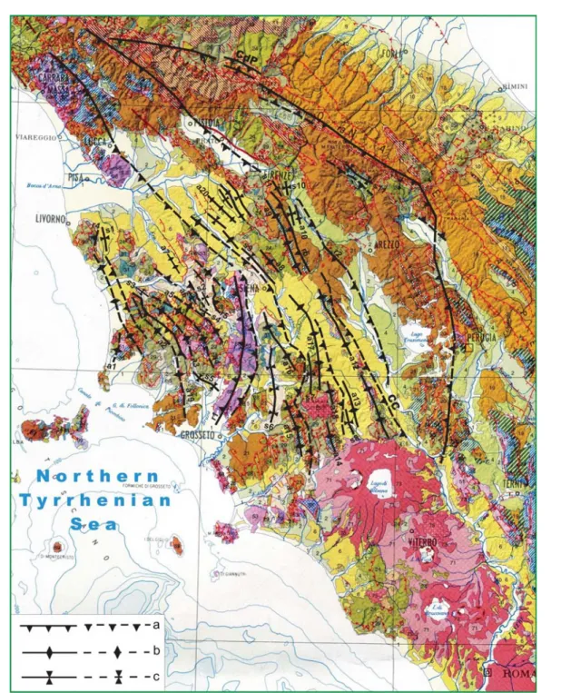 Figure  3.  Main compressional features that would have controlled the development of the ridge-and-depression system in  Tuscany and surroundings until the middle Pleistocene
