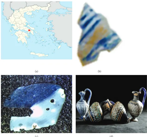 Figure 3: (a) Region of Thebes where glass amphorisks were found; (b) blue-colored glass fragment; (c) optical microscope image of the thinned slice; (d) typical ancient amphorisks.
