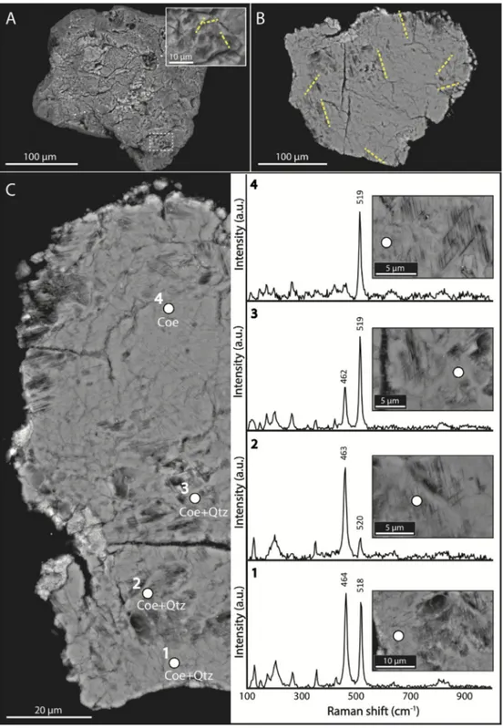 Fig. 2. BSE images and Raman data from the ‘1144A_350’ particle. (A) The grain before polishing, showing PDFs on its external surface (see inset)