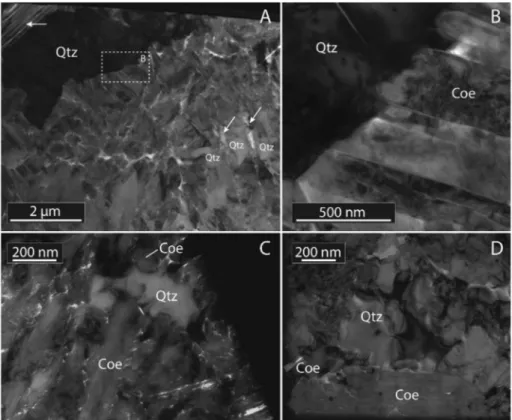 Fig. 4. Bright-ﬁeld TEM images showing textural relations between coesite (Coe) and PDF-bearing quartz (Qtz)