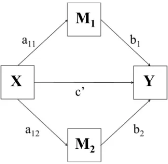 Figure 2. Multiple mediation model: the effect of X on Y is mediated, respectively, through M 1  and 