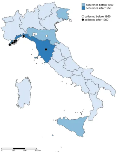 Fig. B - Map of the specimina visa of Coriaria myrtifolia in Italy retrieved in six Italian herbaria (FI, GE, MSU, RO, 