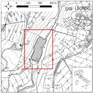 Fig. 1 - Study area (central box) located at San Leonino (Sie- (Sie-na, Tuscany) and its position in respect to Italy (box in the  bottom right corner)