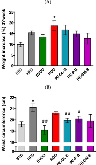 Figure 3. (A) Body weight gain of the animals at the third week of treatment (end of treatment)