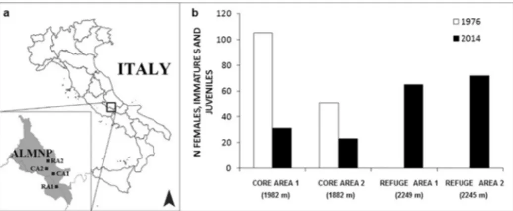 Fig. 1 a Location of the Abruzzo, Lazio and Molise National Park (ALMNP) and b changes in minimum numbers of female, immature and offspring chamois, recorded in 1976 (Perco et al