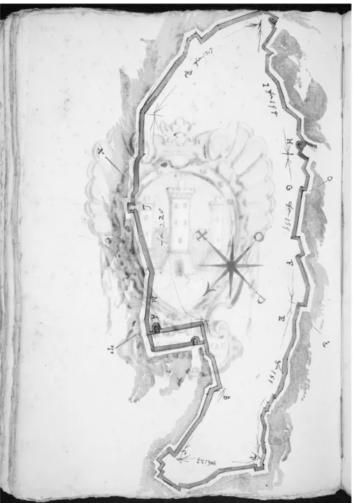Fig. 2. Planimetria quotata delle mura di Roccastrada (seconda metà XVI sec.): Biblioteca Nazionale Centrale  di Firenze, Ms