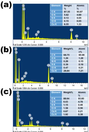 Figure 2.  EDS spectra of CNS prepared at 650 °C from nettle stems (a) and leaves (b,c) using  NaHCO 3 as an  activating agent