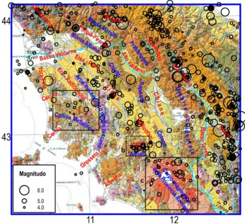 Figura 4. Epicentro dei terremoti avvenuti dal 1000 d.C. nella Toscana meridionale e nel Lazio settentrionale