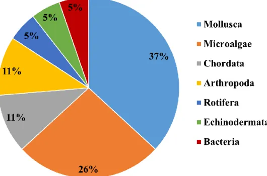 Figure 3. Marine organisms employed for ecotoxicological assessment of ENMs in marine remedi- remedi-ation applicremedi-ations belong to the Kingdoms and Phyla indicated in the pie chart (see text for  de-tails)