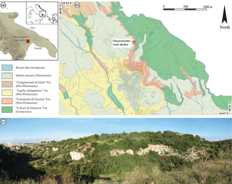 Fig. 1. (Colour online) (a) Location of the investigated site. (b) Simplified geological map of the surroundings of Ginosa village, with the location of the Oscurusciuto rock shelter indicated
