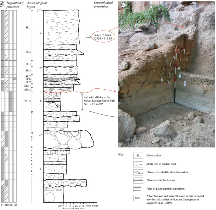 Fig. 2. (Colour online) (a) Sedimentary log of the Oscurusciuto clastic succession, with the depositional processes recognized for each bed, the correlation to archaeological stratigraphy and the available chronological constraints highlighted