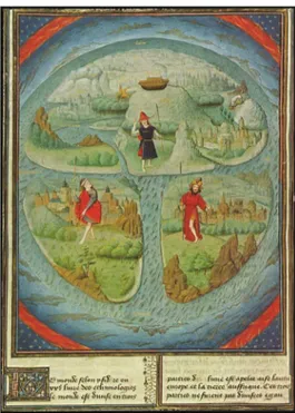 Fig. 1.  La Terra divisa tra i figli di Noè, Mappa mundi  in  Jean  Mansel,  La  Fleur  des  Histoires,  1459-1463  (Bibliothèque Royale, Belgique, ms