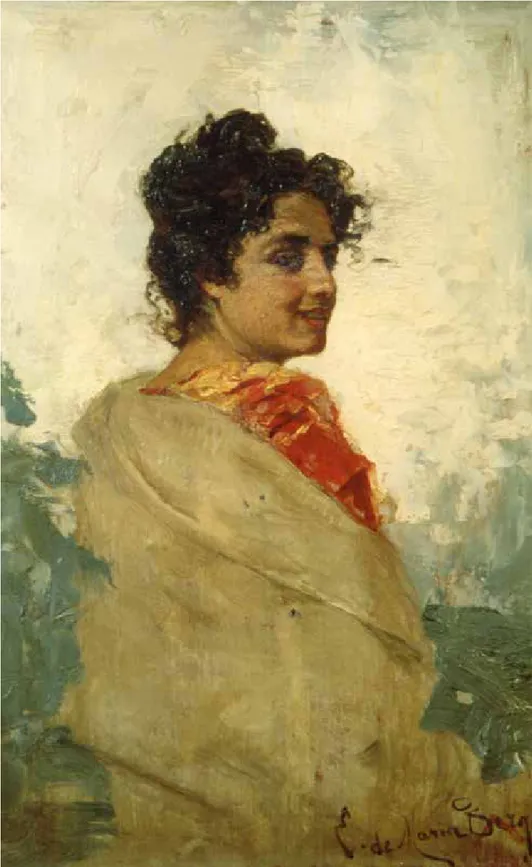 Fig. 5. Ettore De Maria Bergler (Napoli 1850-Palermo 1938), Ritratto di donna, olio su tela,  cm 33x22, firmato in basso a destra: E
