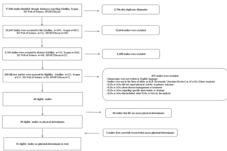 Fig 1. PRISMA flowchart of the literature research by database. SLR, Systematic Literature Review; MA, Meta Analysis.