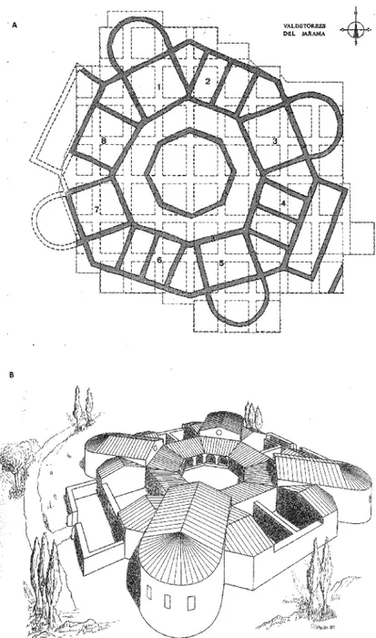 Fig. 12. Valdetorres de Jarama (Spain). A: schematic plan of the octagonal building; B: hypothetical reconstruction of the octagonal building (from Arce  et al