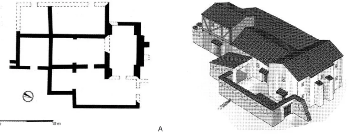 Fig. 14. L’Hostalot (Vilanova d’Alcolea, Spain). A: schematic plan and B: hypothetical re- re-construction of the building identiﬁed as  horrea and warehouse (from Arasa 2008, p