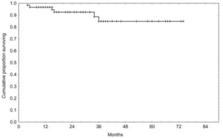 FIGURE 3. Kaplan–Meier analysis of overall survival included all 60 patients with chronic lymphocytic leukemia who were treated with a sequential  ﬂu-darabine and rituximab regimen