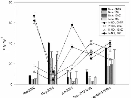 Figure 4. N mic  (columns) and N-NO 3-  (lines) content of soil samples across the monitoring period