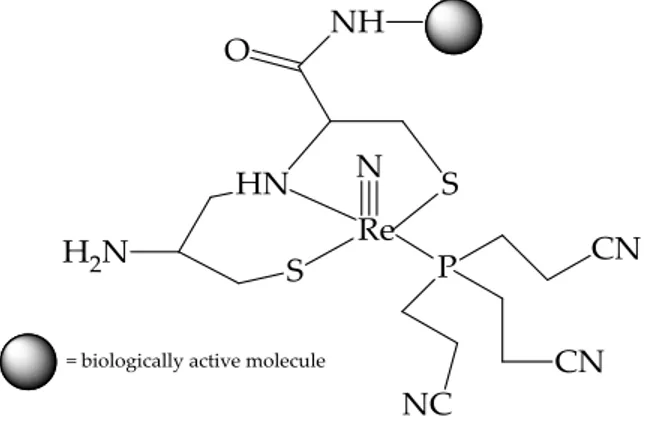 Figure 5. Schematic nitrido  188 Re “3+1” complex. The circle represents a general bioactive molecule  that may be chemically conjugated to the 