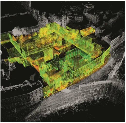 Fig. 2. Example of 3D survey of a complex heritage site, Palazzo Arese Litta in Milan, Italy; visualization of the 3D point cloud of the overall building and the surrounding (DIAPReM).