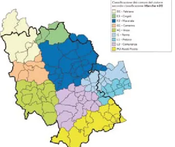 Figura 1 – La geografia del cratere secondo gli Ambiti Territoriali di Sviluppo Locale (ATSL) di Mar- Mar-che+20 (il contorno più spesso identifica i confini del cratere)