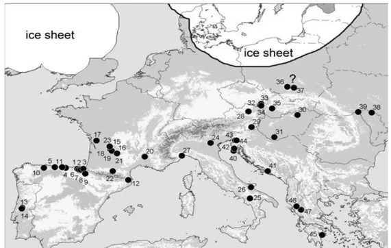 Fig 5  – Forty seven archeological sites around Europe with mammal sites associated with the  LGM period (radiocarbon  dating)