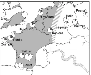 Fig 1. Geographic distribution of the eleven sampling sites for H. subterraneus. Pie charts report the relative frequencies of individual with normal phenotypes (white) and with trunk anomalies (dark gray)