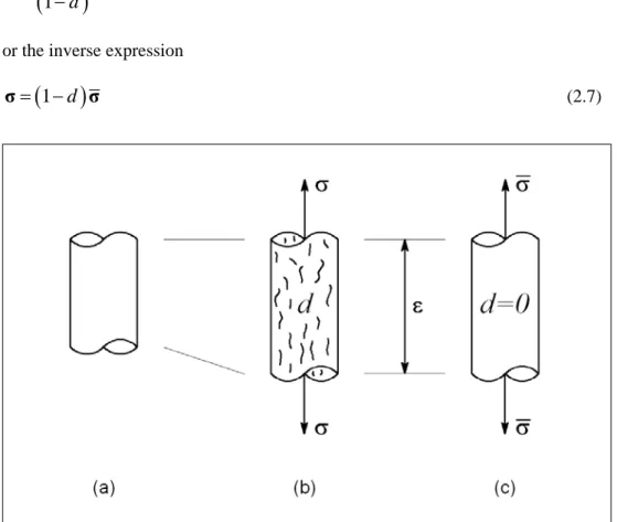 Figure 2.3 Effective stress and equivalence in strain: virgin material (a), damaged material 