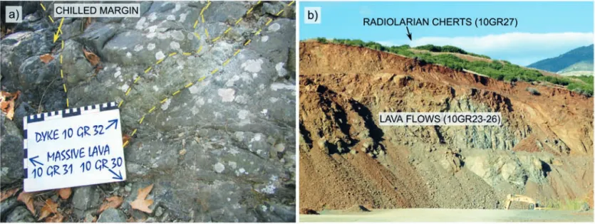 Fig. 3 - a) Close view of a low-K tholeiitic (subduction related) dyke intruding a volcanic sequence consisting of different lava flows showing normal mid- mid-ocean ridge type (N-MORB) chemistry in the Vrissi unit