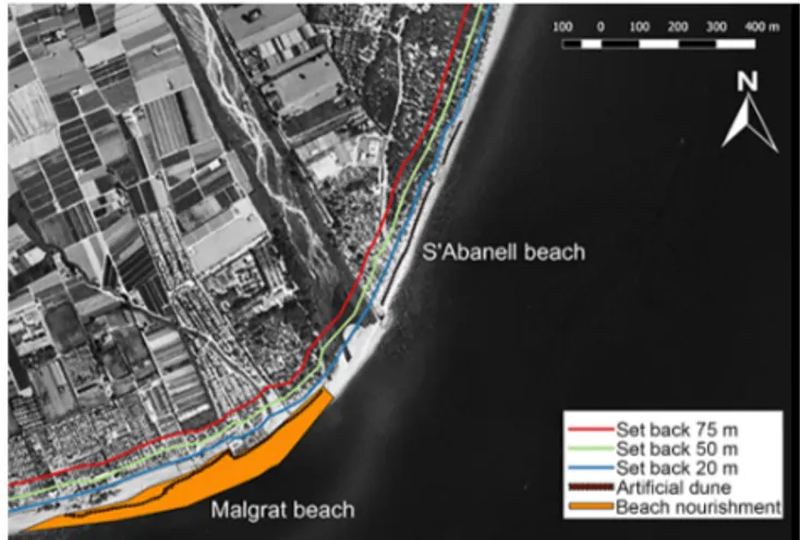 Figure 5. Risk reduction measures at Tordera Delta: receptor set- set-backs (20, 50, and 75 m) and nourishment + dune (beach  nourish-ment at Malgrat beach + artificial dune at S’Abanell and Malgrat beaches).