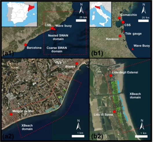 Figure 1. Regional and local contexts: (a1) central-northern Catalan coast; (b1) Emilia-Romagna coast; (a2) local hotspot of Tordera Delta; (b2) local hotspots of Lido degli Estensi–Spina