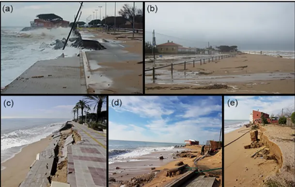 Figure 2. Impacts on the Tordera Delta. Destruction of a road at Malgrat (a); overwash at campsites north of the river mouth (b); destruction of the promenade north of the river mouth (c); beach erosion and damage to utilities and buildings at Malgrat (d, 
