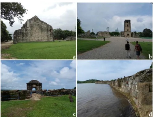 Figure  1.  Pictures  of  different  monuments  present at  the  sites:  (a,b)  at  Panamá  Viejo,  respectively,  Convento de las Monjas de la Concepción and Torre de la Catedral; (c) Fort San Lorenzo; (d) Fort San  Jeronimo, at Portobelo