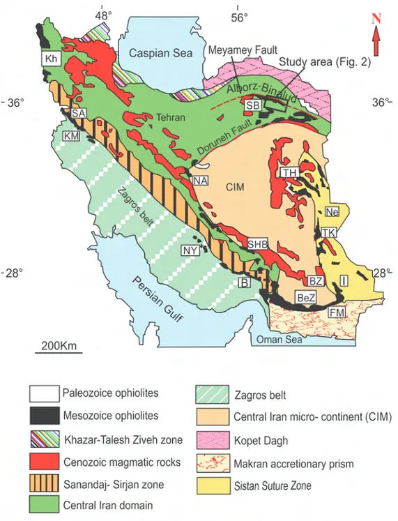 Fig. 1 - Schematic tectonic map of Iran show- show-ing  the  distribution  of  the  main  ophiolitic complexes  and  the  location  of  the  study  area (SB)