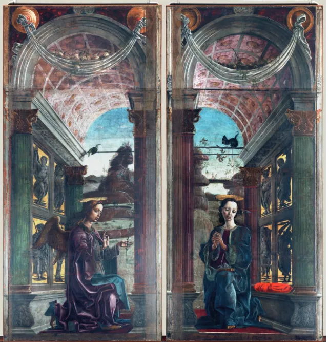Fig. 4. Cosmè Tura, Annunciazione,  Ante dell’organo del Duomo di  Ferrara, Ferrara Museo della  Cattedrale
