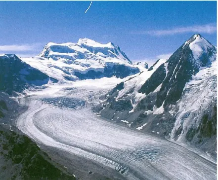 Fig. 1.5: Le Gran Combin ed il ghiacciaio di Corbassière (Val de Bagnes, Vallese). Una visione che potrebbe corrispondere  all’immagine della Valle d’Aosta nel momento della massima estensione glaciale dell’ultima glaciazione (circa 25000 anni  fa) (da Des