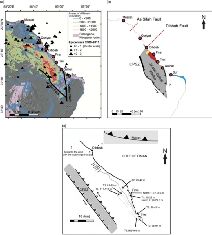 Figure 10. (color online) (a) Outcrops of Cenozoic rocks and relief. Triangles show the earthquake epicenters of 2000–2015 and the (1) Qalhat and (2) Ja ´alan faults are depicted