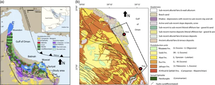 Figure 1. (color online) (a) Tectonic map of northern Oman, modiﬁed after Mattern and Scharf (2018)