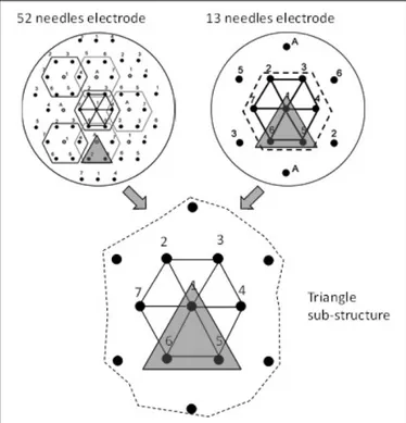 Figure 1. Geometry of the 8-cm-diameter electrode with 52 needles with distance ¼ 1 cm, 13 needles with distance ¼ 2 cm, and the triangle substructure.