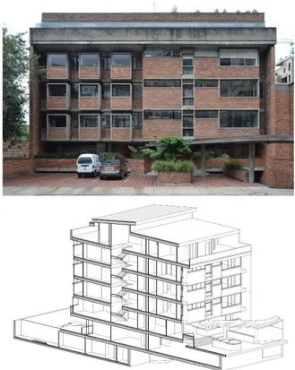 Figure 3. Fernando Martìnez Sanabria, Edificio Giraldo (1958),  Bogotà. View of the built architecture (on the top) and 