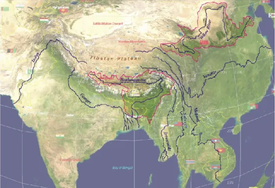 Figure 1.1 Tibetan Plateau and the major rivers of south east Asia. 