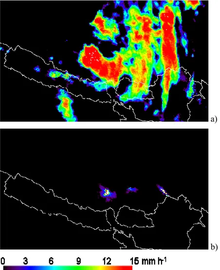 Figure  3.8.  TANN-R  (a)  and  radar  (b)  3-hours  averaged  rainrate  maps  for  the  24/08/2009 at 18:00 UTC   