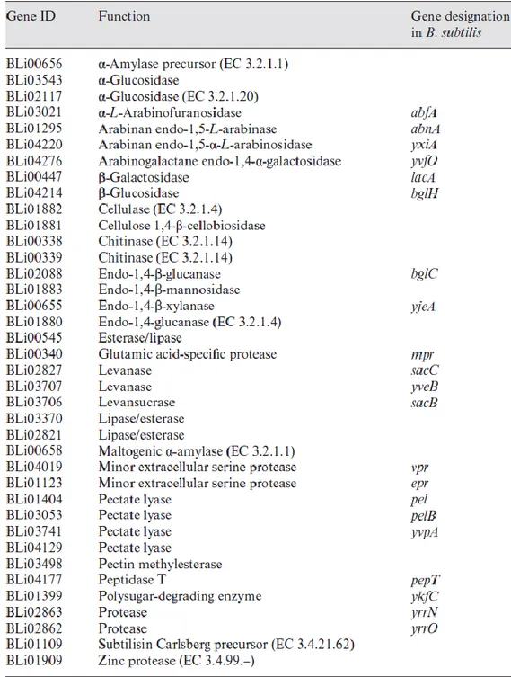 Tabella  1.  Selezione  di  esoenzimi  identificati  in  B.  licheniformis  e  i 