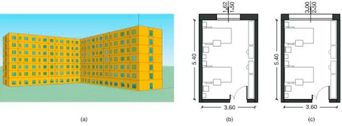 Fig. 1. Perspective view of the reference hospital building (a) and floor plans of the tested patient room with the two different window sizes: 25%  WWR window (b) or 77% WWR window (c)