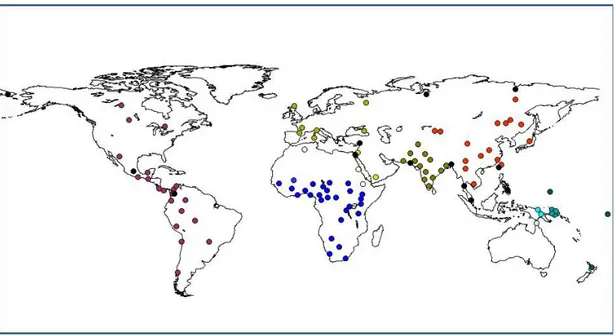 Figure 6: Map of world with locations of populations from extended CEPH HGDP.