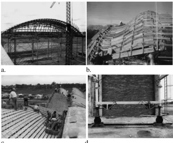 Figure 4: Synthesis of the construction primer of the Gaussian  Vaults: a-b) building the longitudinal and transverse formwork 